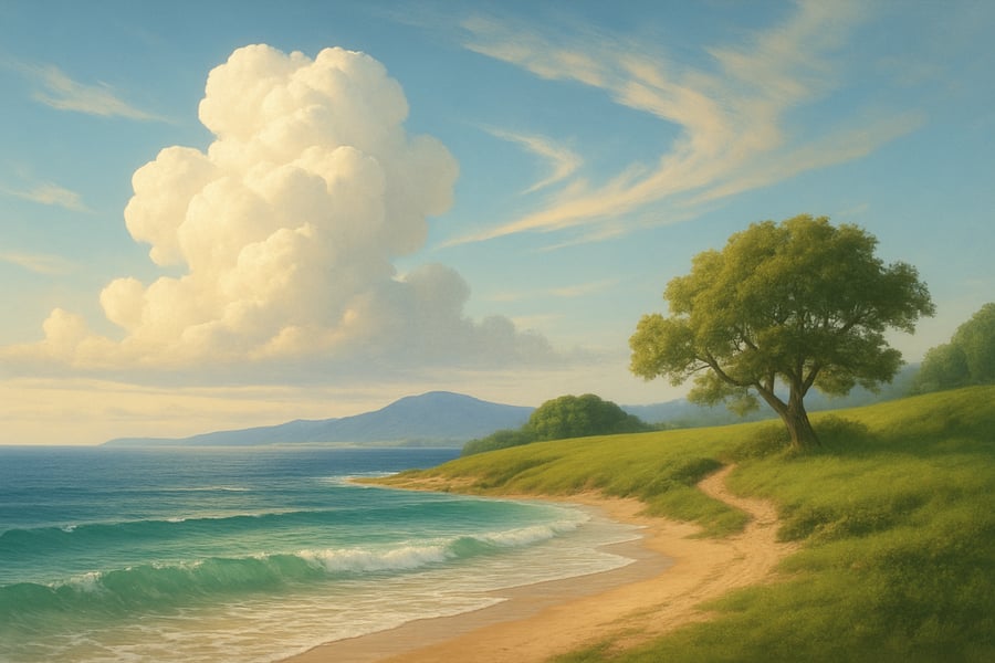 A serene setting showing air, earth, and sea elements blending harmoniously A serene setting showing air, earth, and sea elements blending harmoniously