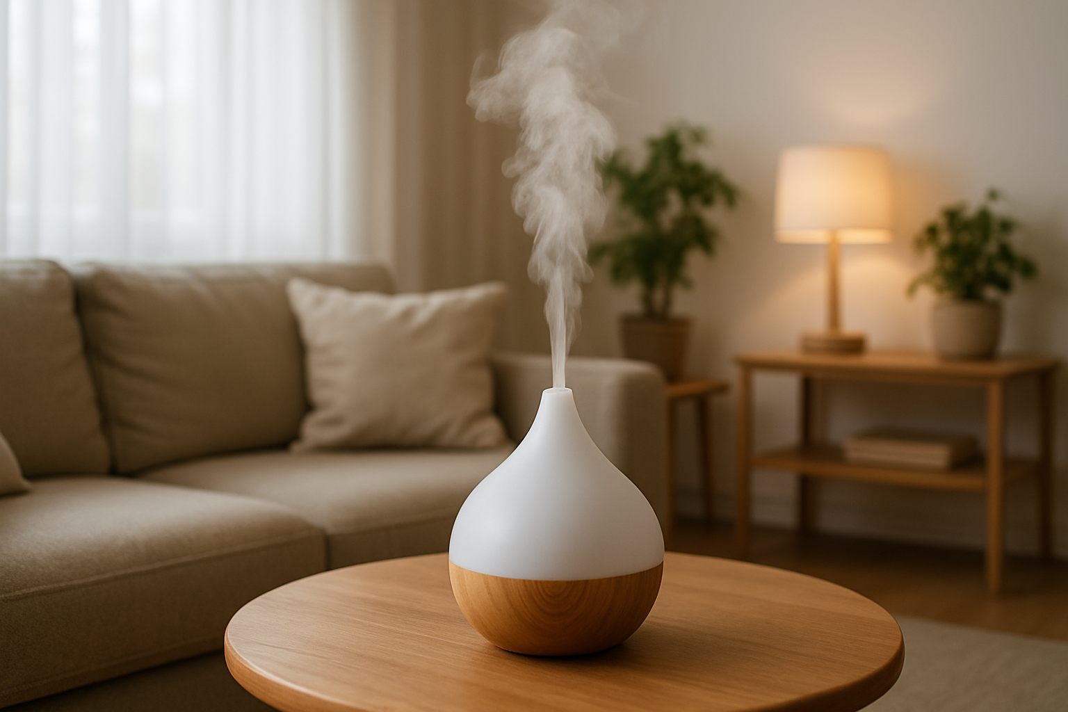 Aromatherapy diffuser releasing calming mist in a serene living room
