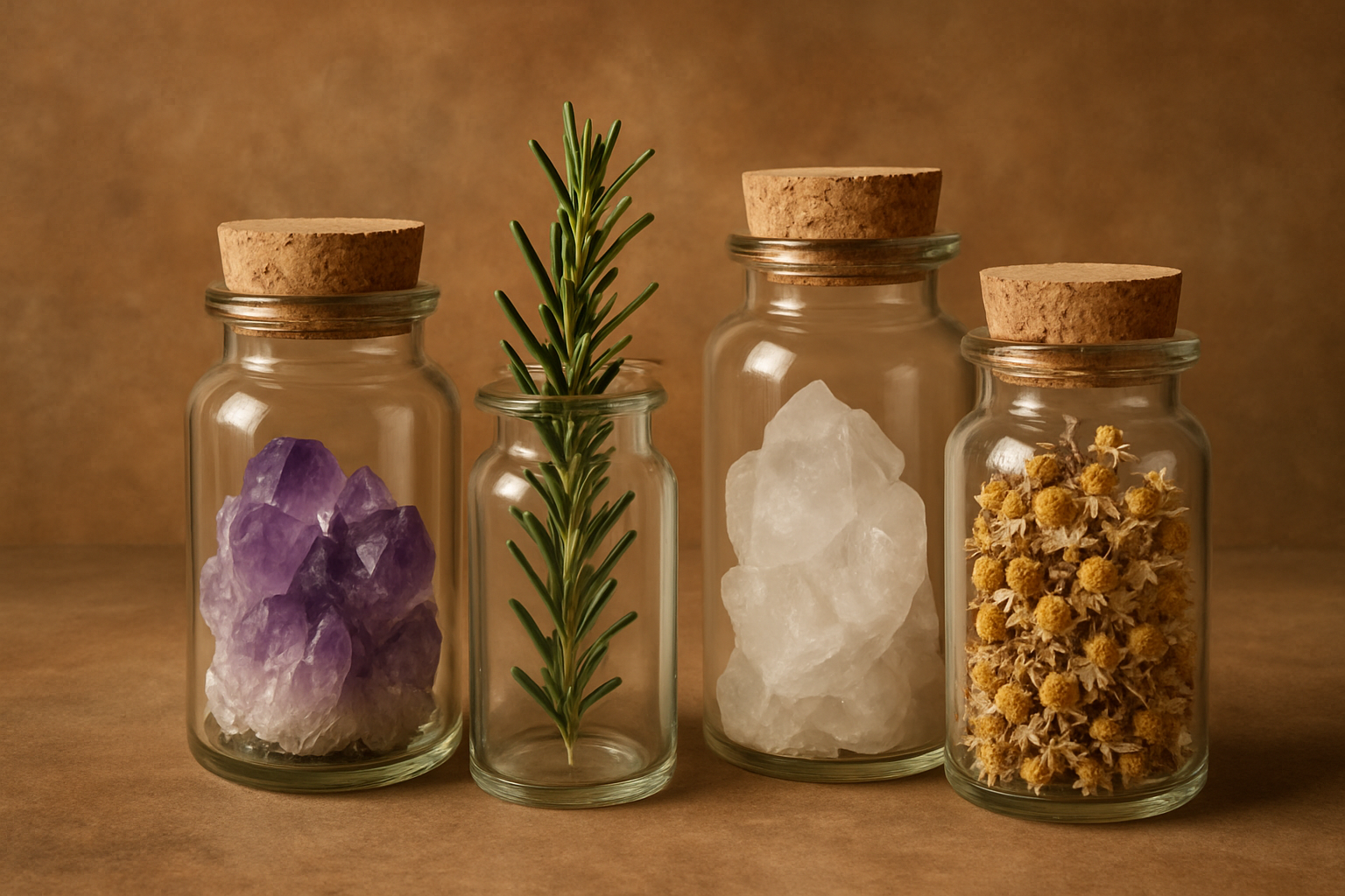 Natural minerals and botanicals in glass jars on earthy background