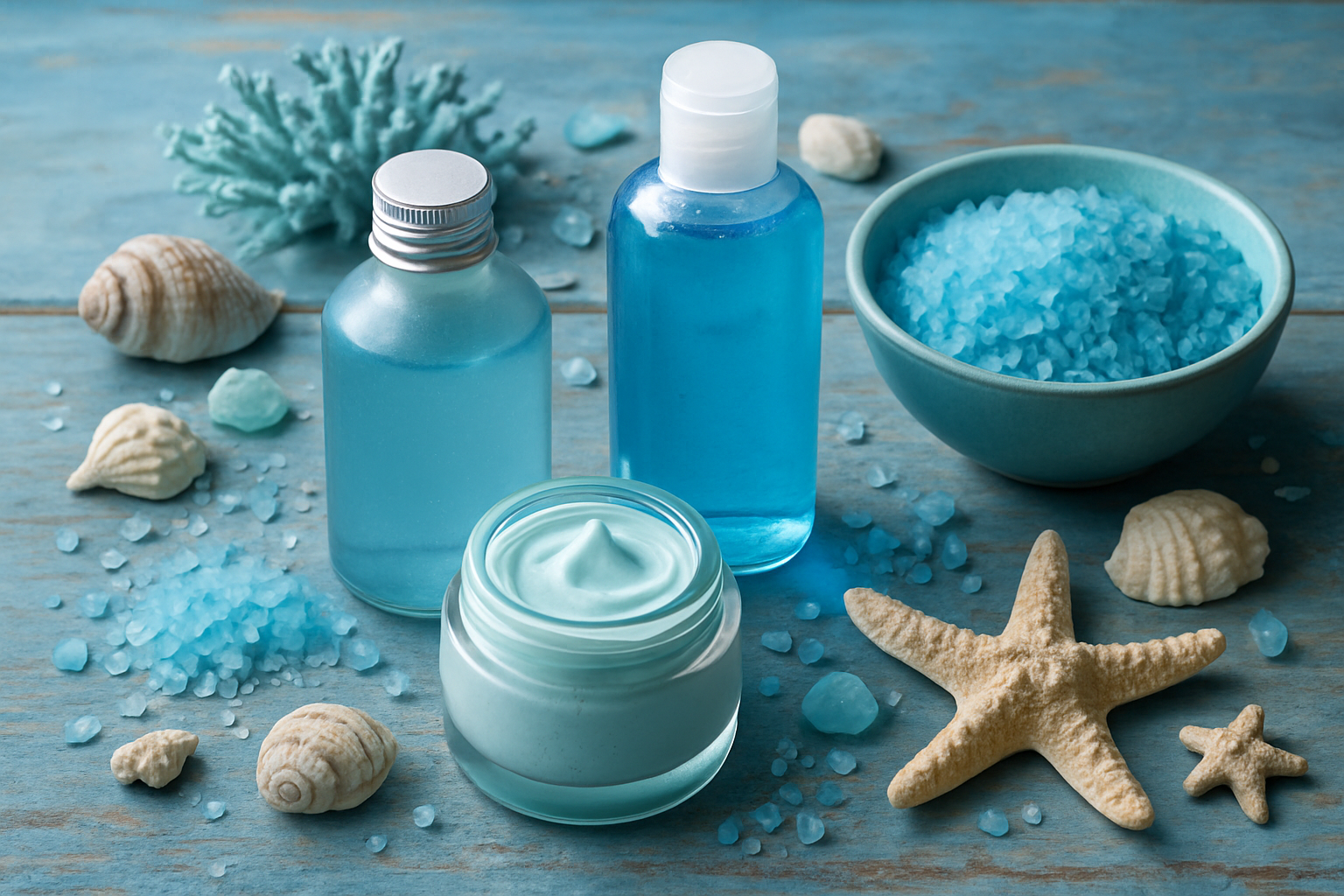 Sea-inspired wellness products with marine elements and blue tones